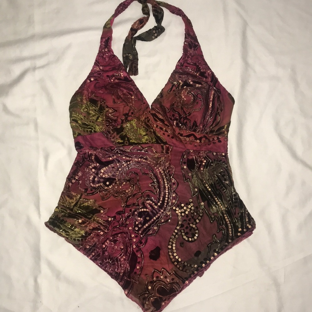 Halter print burnout velvet top with foil detail